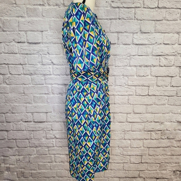 Papell Dress Blue Green Yellow Geometric Print Vintage 80s Buttoned Sz 6 Petite - Picture 7 of 9